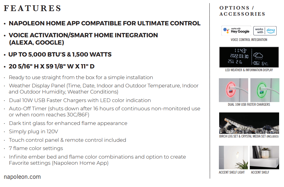 Napoleon Napoleon Stylus Elite Wall Mount Smart Electric Fireplace NEFP32-5019W-IOT (NEW 2023) NEFP32-5019W-IOT Built-In Electric Fireplace 629169082650